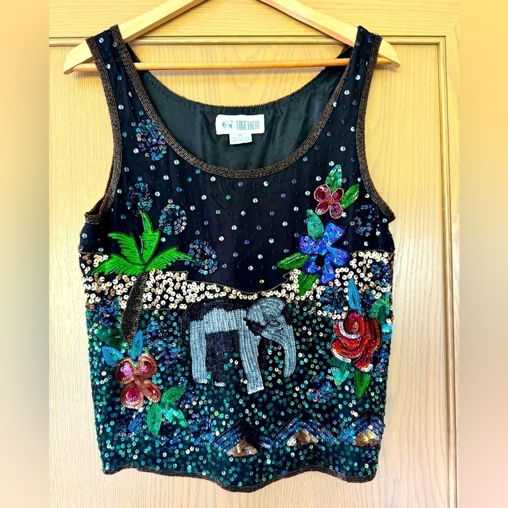 Vintage Together ! Black Sequin Tank Safari Lined Retro / 10